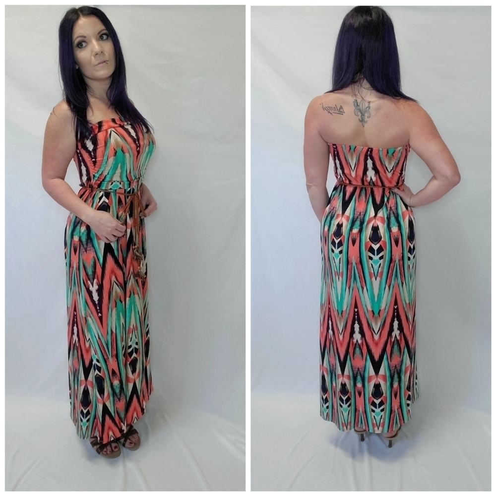 Papaya Boho Printed Strapless Belted Maxi Dress
